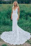 V-Neck Sleeveless Ruched Backless Lace Wedding Dress With Court Train WD141 - Pgmdress