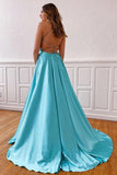 V-neck Sleeveless Split Tiffany Blue Cross Back Prom/Evening Dress PSK225 - Pgmdress
