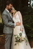 V Neck Spaghetti Strap Wedding Dresses Bridal Dress Lace Applique WD316 - Pgmdress