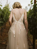 V Neck Spaghetti Strap Wedding Dresses Bridal Dress Lace Applique WD316 - Pgmdress