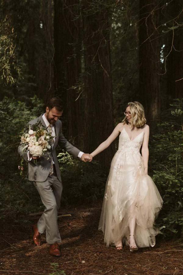 V Neck Spaghetti Strap Wedding Dresses Bridal Dress Lace Applique WD316 - Pgmdress