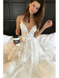 V Neck Spaghetti Straps Appliques Court Train Tulle Wedding Dress WD165 - Pgmdress