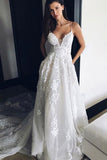 V Neck Spaghetti Straps Appliques Court Train Tulle Wedding Dress WD165 - Pgmdress