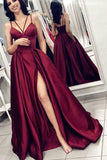 V Neck Spaghetti Straps Burgundy Satin Split Long Prom Dress with Pockets PG798