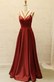 V Neck Spaghetti Straps Burgundy Satin Split Long Prom Dress with Pockets PG798 - Pgmdress