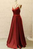 V Neck Spaghetti Straps Burgundy Satin Split Long Prom Dress with Pockets PG798 - Pgmdress