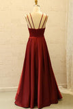 V Neck Spaghetti Straps Burgundy Satin Split Long Prom Dress with Pockets PG798 - Pgmdress