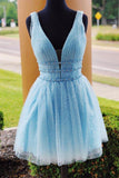 V-Neck Sparkling Beading Sky Blue Short Prom Dress Homecoming Dress  PD316