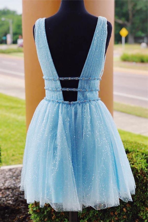 V-Neck Sparkling Beading Sky Blue Short Prom Dress Homecoming Dress PD316 - Pgmdress