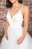 V-neck Straps Floor Length White Satin Wedding Dress with Ruffless WD425 - Pgmdress