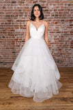 V-neck Straps Floor Length White Satin Wedding Dress with Ruffless  WD425
