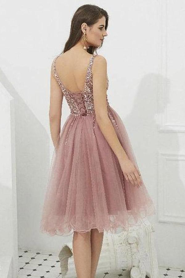 V-neck Tulle with Beaded Short Prom Dresses Homecoming Dresses PD366 - Pgmdress