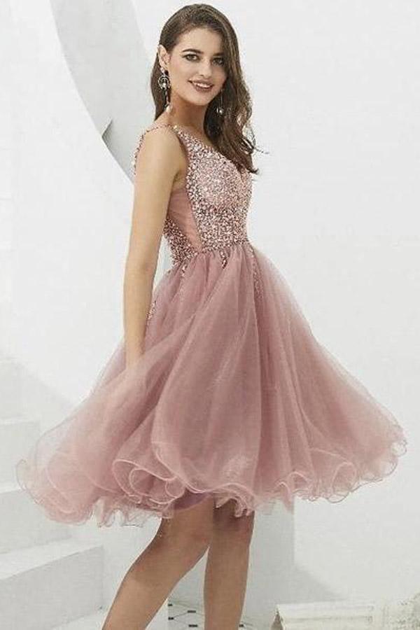 V-neck Tulle with Beaded Short Prom Dresses Homecoming Dresses PD366 - Pgmdress