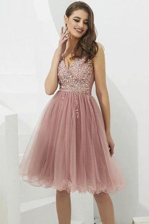 V-neck Tulle with Beaded Short Prom Dresses Homecoming Dresses PD366 - Pgmdress