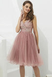 V-neck Tulle with Beaded Short Prom Dresses Homecoming Dresses  PD366