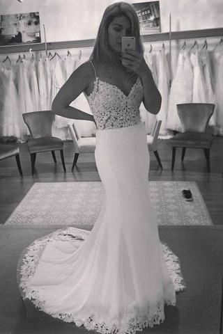 V Neck Vintage Lace Mermaid Backless Beach Wedding Dress Pgmdress