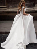 Vintage A-line Princess Ivory Satin Long Wedding Dresses with Pockets WD328 - Pgmdress
