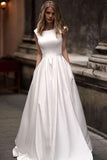 Vintage A-line Princess Ivory Satin Long Wedding Dresses with Pockets WD328 - Pgmdress