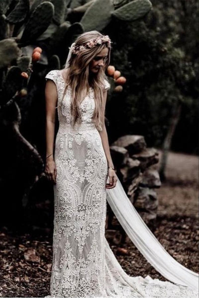 Vintage Lace Rustic Wedding Dresses Cap Sleeve Boho Wedding Gowns Pgmdress