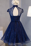 Vintage Navy Blue Cap Sleeves Homecoming Dress Party Dresses PD281 - Pgmdress