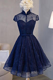 Vintage Navy Blue Cap Sleeves Homecoming Dress Party Dresses PD281 - Pgmdress