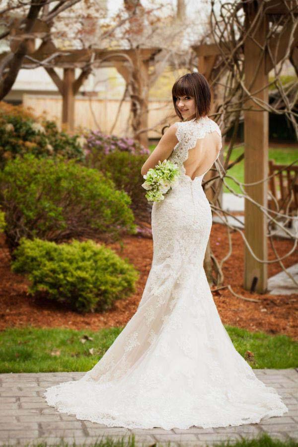 Vintage Quee Keyhole Winter Long Lace Mermaid Wedding Dress WD152 - Pgmdress