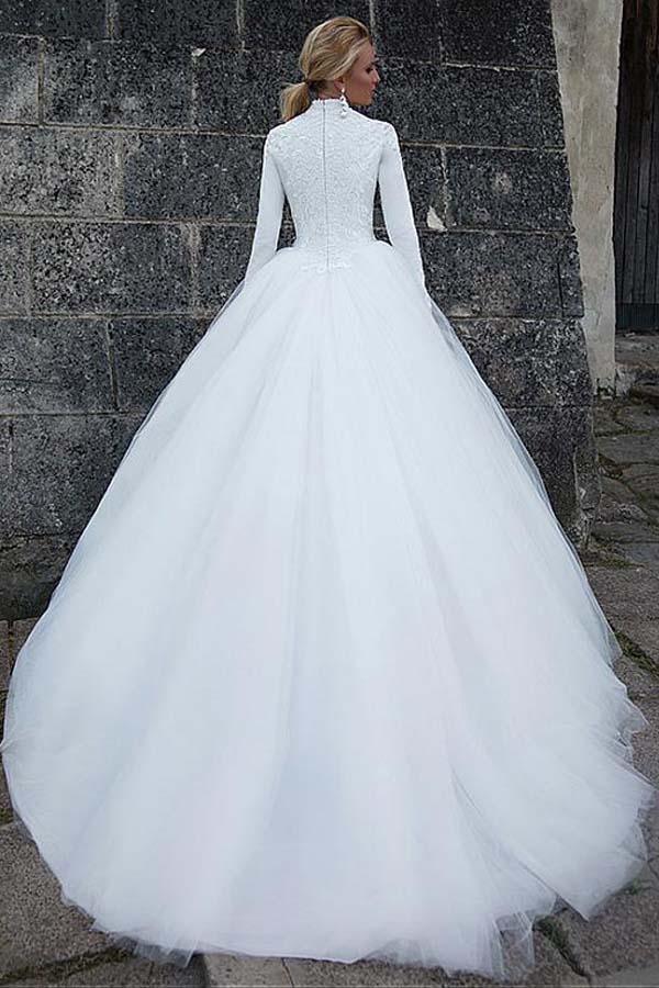 Vintage Satin High Collar Natural Waistline Ball Gown Wedding Dress WD190 - Pgmdress