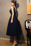 Vintage V Neck Nave Blue Satin Homecoming Dresses Party Dresses PG183 - Pgmdress