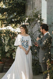 Wedding Dresses Bateau Embroidery Romantic Half Sleeve Bridal Gown  WD483