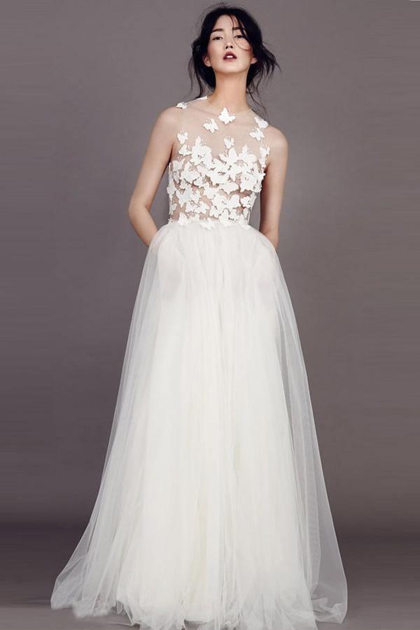 Wedding Dresses Scoop A-line Butterfly Appliques Tulle Ivory Bridal Gown WD421 - Pgmdress