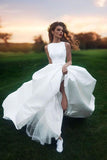 Wedding Dresses Scoop  A-line Long Train Simple Satin Bridal Gown  WD449