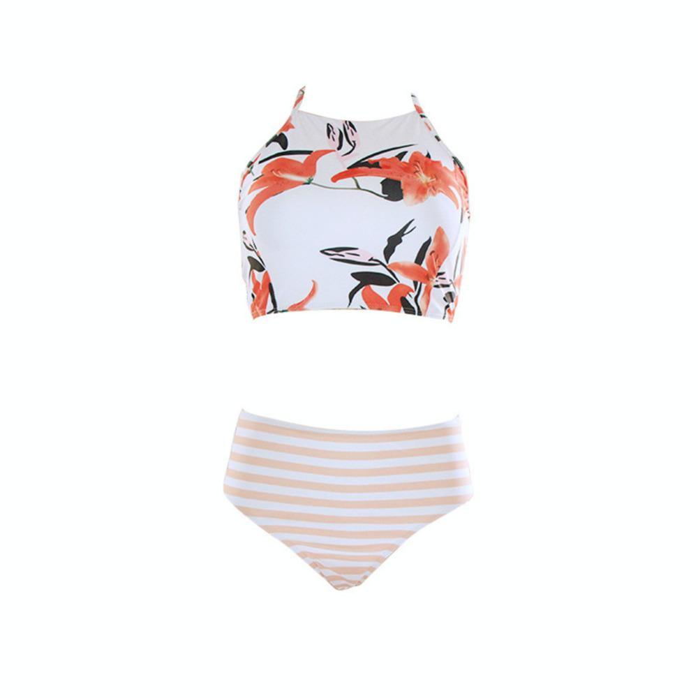 Weljuber Summer Stripe Swimwear Print Bikini Backless Swimsuit - Pgmdress