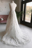 White Tulle V Neck Open Back Long Flower Wedding Dresses WD456 - Pgmdress