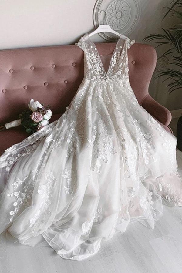 White Tulle V Neck Open Back Long Flower Wedding Dresses WD456 - Pgmdress
