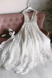 Weißes Tüll-Hochzeitskleid mit V-Ausschnitt, offenem Rücken und langen Blumen WD456