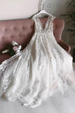 White Tulle V Neck Open Back Long Flower Wedding Dresses WD456 - Pgmdress