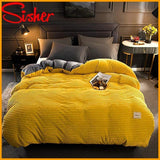 Winter Velvet Duvet Cover Set Solid Color Thick Coral Bedding Set Elastic Fitted Bed Sheet Linens Quilt Bed Covers Gray
