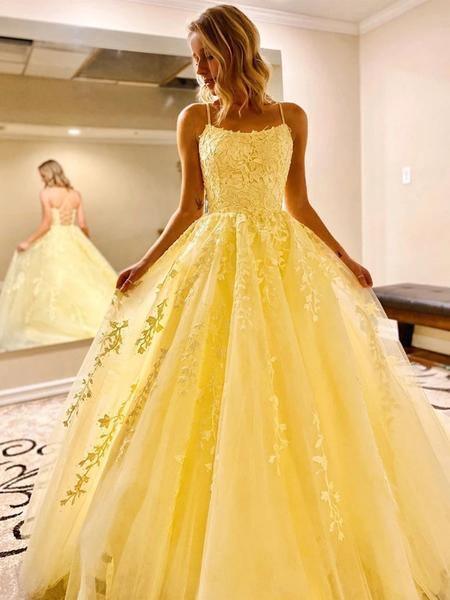 Yellow Satin Long A-Line Prom Dress, Cute Short Sleeve Evening Dress w
