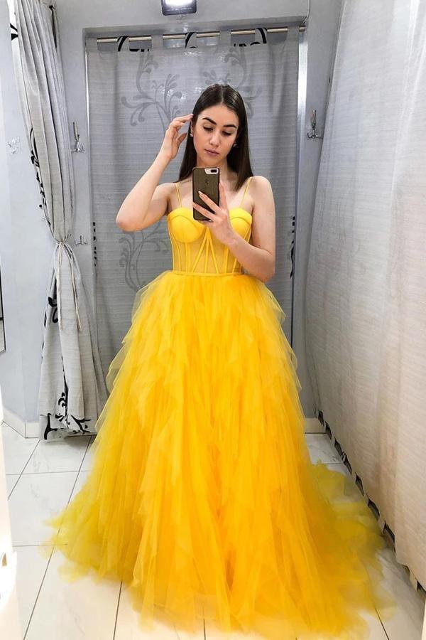 Yellow Tulle Prom Dress A Line Sleeveless Evening Gown PSK217 - Pgmdress