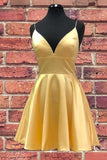 Yellow V Neck Satin Straps Homecoming Dresses Short Prom Dress PD279 - Pgmdress