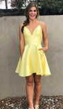 Yellow V Neck Satin Straps Homecoming Dresses Short Prom Dress PD279 - Pgmdress