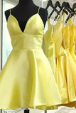 Yellow V Neck Satin Straps Homecoming Dresses Short Prom Dress PD279 - Pgmdress